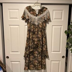 Jessica McClintock Gunne Sax VTG Floral Fringe Ruffle Long Maxi Prairie Dress 10